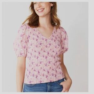 💰3/$25 Nine West Women's Blouse Elbow Puff Sleeve Smocked Pink Top V-Neck NWT S